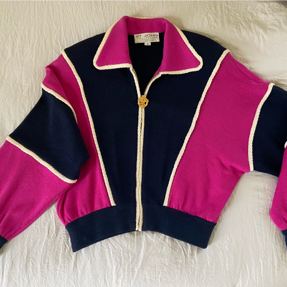 Saint John Colorblock Knit bomber sweater & tank set in Fuchsia & Navy -Vintage